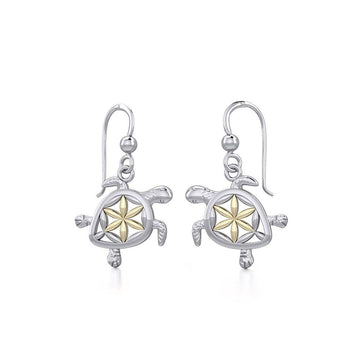 Swimming Turtle with Flower of Life Shell Silver and Gold Accent Earrings MER1786 - Jewelry